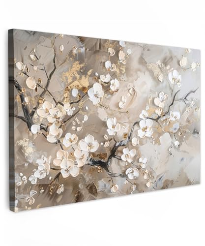 MuchoWow© Leinwandbilder Klein 30x20 cm Mini Wall Art Decoration Bilder für die Wand Schlafzimmer Deko Canvas Painting Wanddekoration Wohnzimmer Blumen - Weiß - Gold - Beige - Luxus von MuchoWow