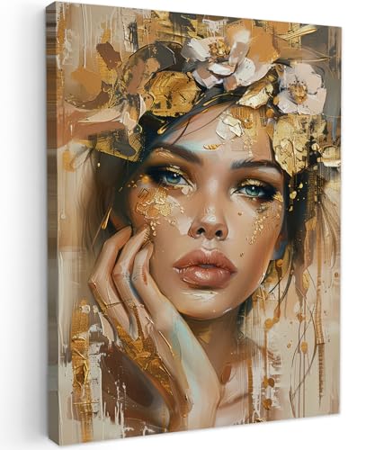 MuchoWow© Wandbilder 30x40 cm Wohnzimmer Wanddeko Schlafzimmer Zimmerdeko Wandgemälde Zimmer Deko auf Wand Dekoration Wall Art Frau - Blumen - Gold - Porträt von MuchoWow