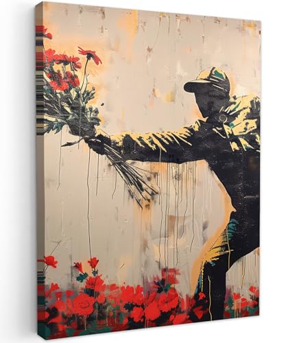 MuchoWow© Wandbilder 30x40 cm Wohnzimmer Wanddeko Schlafzimmer Zimmerdeko Wandgemälde Zimmer Deko auf Wand Dekoration Wall Art Street art - Mann - Blumen - Rot - Graffiti - Banksy von MuchoWow