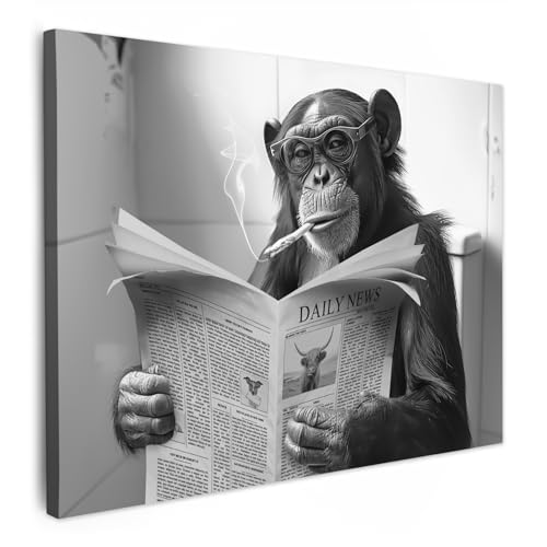 MuchoWow© Wandbilder 40x30 cm Badezimmer WC Toilette Home Deko Wohnung Bild Fotoleinwand Wand Bilder Leinwand Wall Decor Affe - Toilette - Zeitung - Schwarz-weiß - Humor von MuchoWow