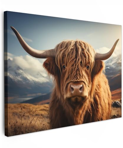 MuchoWow© Wandbilder 40x30 cm Schlafzimmer Home Deko Wohnung Bild Wohnzimmer Fotoleinwand Wand Bilder Leinwand Wall Decor Schottische Hochlandrind - Kuh - Hörner - Berge - Landschaft von MuchoWow