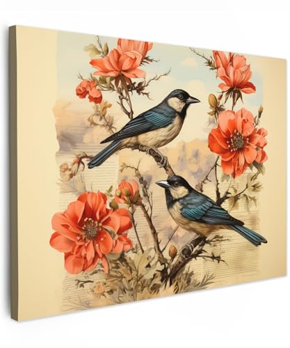 MuchoWow© Wandbilder 40x30 cm Schlafzimmer Home Deko Wohnung Bild Wohnzimmer Fotoleinwand Wand Bilder Leinwand Wall Decor Vintage - Vögel - Blumen - Rot - Beige - Tiere - Zweige von MuchoWow