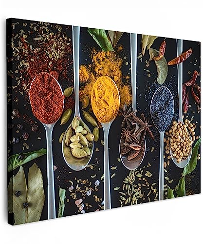 MuchoWow© Wandbilder 40x30 cm Wohnzimmer Wanddeko Zimmerdeko Wandgemälde Zimmer Deko auf Wand Dekoration Wall Art Küchenbilder - Bild Küche - Kräuter - Löffel - Gewürze - Schwarz von MuchoWow