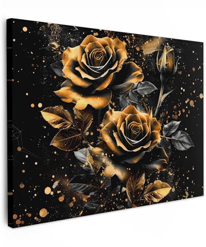 MuchoWow© Leinwandbilder 40x30 cm Wall Art Decoration Bilder für die Wand Schlafzimmer Deko Canvas Painting Wanddekoration Wohnzimmer Blumen - Gold - Schwarz - Kunst von MuchoWow