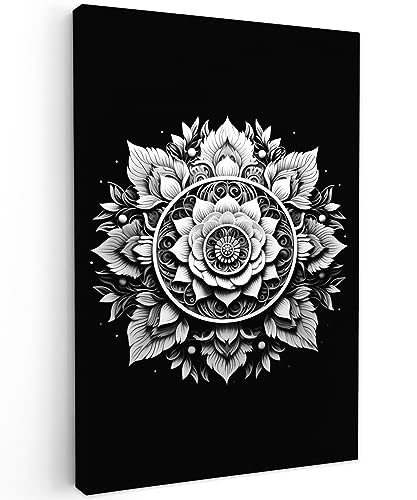 MuchoWow© Wandbilder 40x60 cm Schlafzimmer Home Deko Wohnung Bild Wohnzimmer Fotoleinwand Wand Bilder Leinwand Wall Decor Mandala - Schwarz - Weiß - Blumen von MuchoWow