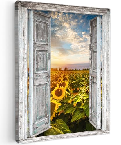 MuchoWow© Wandbilder 50x70 cm Schlafzimmer Home Deko Wohnung Bild Wohnzimmer Fotoleinwand Wand Bilder Leinwand Wall Decor Fensterblick - Sonnenblume - Blumen - Sonne von MuchoWow