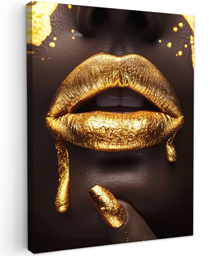 MuchoWow© Wandbilder 50x70 cm Schlafzimmer Home Deko Wohnung Bild Wohnzimmer Fotoleinwand Wand Bilder Leinwand Wall Decor Frau - Gold - Lippen - Luxus - Porträt von MuchoWow