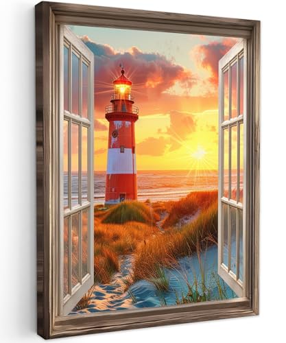MuchoWow© Wandbilder 50x70 cm Wohnzimmer Wanddeko Schlafzimmer Zimmerdeko Wandgemälde Zimmer Deko auf Wand Dekoration Wall Art Fensterblick - Leuchtturm - Sonnenuntergang - Strand von MuchoWow
