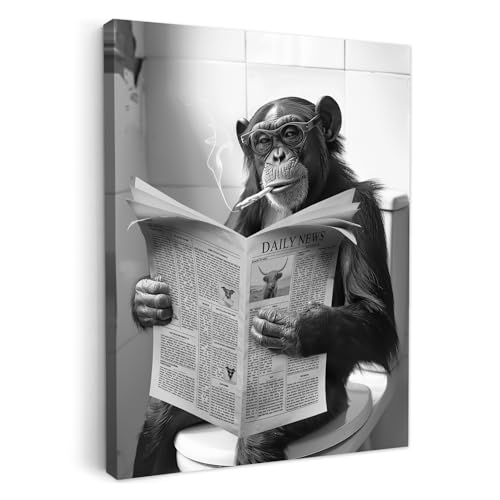 MuchoWow© Wandbilder 60x80 cm Badezimmer WC Toilette Home Deko Wohnung Bild Fotoleinwand Wand Bilder Leinwand Wall Decor Affe - Toilette - Zeitung - Schwarz-weiß - Humor von MuchoWow