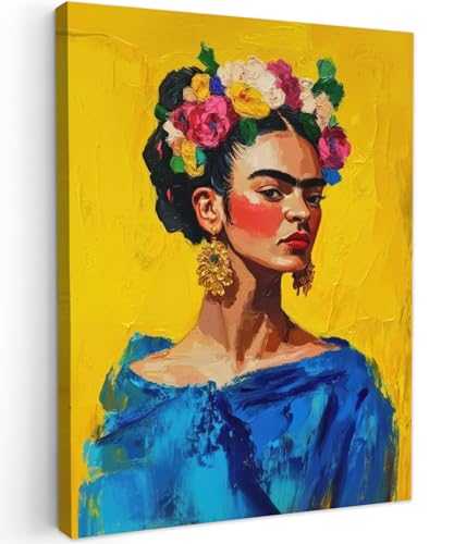 MuchoWow© Wandbilder 60x80 cm Schlafzimmer Home Deko Wohnung Bild Wohnzimmer Fotoleinwand Wand Bilder Leinwand Wall Decor Frida Kahlo - Frau - Gelb - Blau - Blumen von MuchoWow