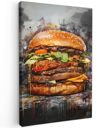 MuchoWow© Wandbilder 60x90 cm Schlafzimmer Home Deko Wohnung Bild Wohnzimmer Fotoleinwand Wand Bilder Leinwand Wall Decor Banksy - Street Pop Art - Burger - Essen - Kunst - Grau - Graffiti von MuchoWow