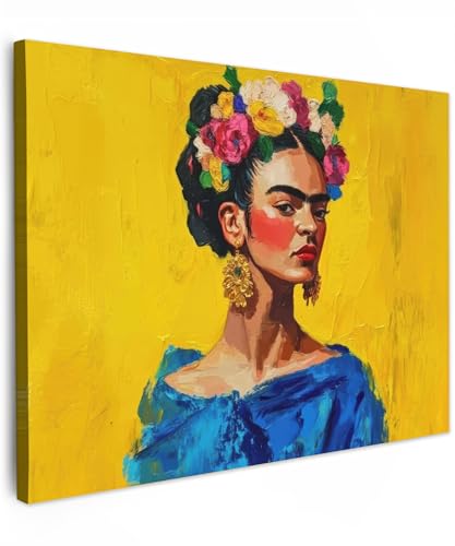 MuchoWow© Wandbilder 70x50 cm Schlafzimmer Home Deko Wohnung Bild Wohnzimmer Fotoleinwand Wand Bilder Leinwand Wall Decor Frida Kahlo - Frau - Gelb - Blau - Blumen von MuchoWow