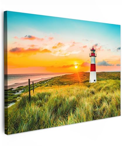 MuchoWow© Wandbilder 70x50 cm Schlafzimmer Home Deko Wohnung Bild Wohnzimmer Fotoleinwand Wand Bilder auf Leinwand Wall Decor Gemälde Wandbild Leuchtturm - Sonne - Gras - Strand - Meer - See von MuchoWow