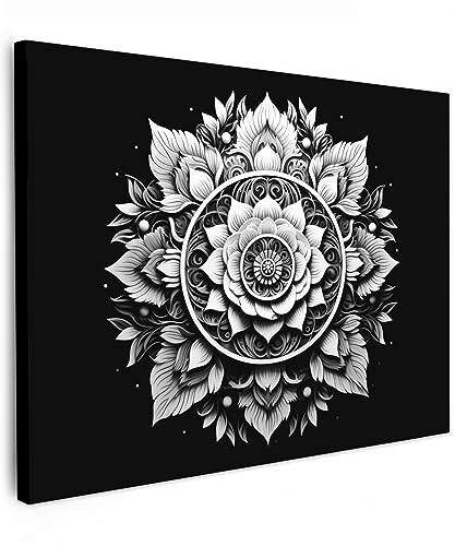 MuchoWow© Wandbilder 70x50 cm Schlafzimmer Home Deko Wohnung Bild Wohnzimmer Fotoleinwand Wand Bilder Leinwand Wall Decor Mandala - Schwarz - Weiß - Blumen von MuchoWow