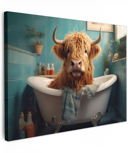 MuchoWow© Wandbilder 80x60 cm Schlafzimmer Home Deko Wohnung Bild Wohnzimmer Fotoleinwand Wand Bilder Leinwand Wall Decor Schottische Hochlandrind - Kuh - Highland Cow - Badezimmer - Bad von MuchoWow