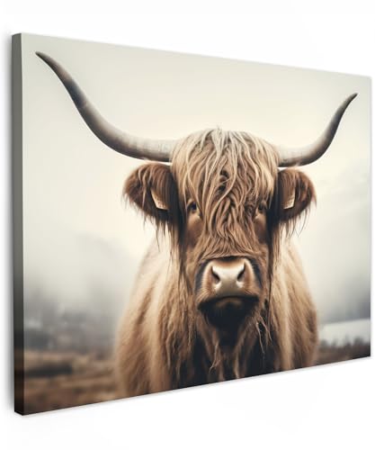 MuchoWow© Wandbilder 80x60 cm Wohnzimmer Wanddeko Schlafzimmer Zimmerdeko Fotowand Zimmer Deko Wand Dekoration Wall Art Schottische Hochlandrind - Kuh - Highland Cow - Hörner - Landschaft von MuchoWow