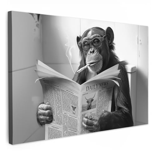 MuchoWow© Wandbilder 90x60 cm Badezimmer WC Toilette Home Deko Wohnung Bild Fotoleinwand Wand Bilder Leinwand Wall Decor Affe - Toilette - Zeitung - Schwarz-weiß - Humor von MuchoWow