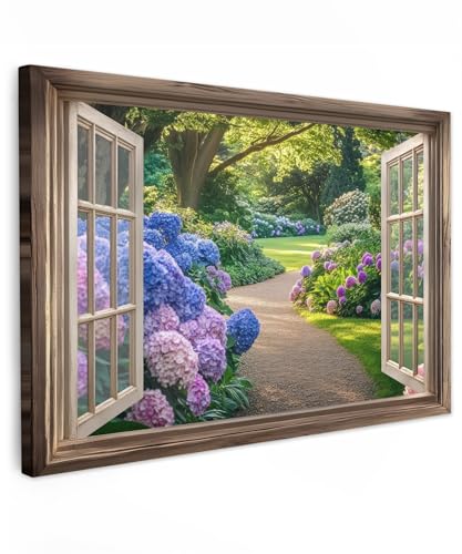 MuchoWow© Wandbilder 90x60 cm Schlafzimmer Home Deko Wohnung Bild Wohnzimmer Fotoleinwand Wand Bilder Leinwand Wall Decor Fensterblick - Garten - Fenster - Hortensie - Blumen von MuchoWow