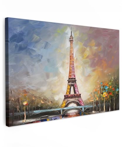 MuchoWow© Wandbilder 90x60 cm Schlafzimmer Home Deko Wohnung Bild Wohnzimmer Fotoleinwand Wand Bilder Leinwand Wall Decor Kunstdruck - Bunt - Eiffelturm - Gemälde - Öl - Paris von MuchoWow