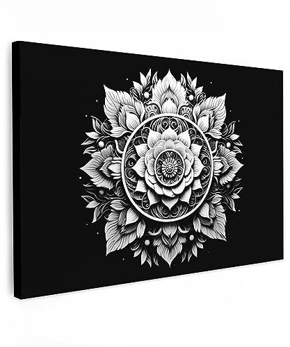 MuchoWow© Wandbilder 90x60 cm Schlafzimmer Home Deko Wohnung Bild Wohnzimmer Fotoleinwand Wand Bilder Leinwand Wall Decor Mandala - Schwarz - Weiß - Blumen von MuchoWow