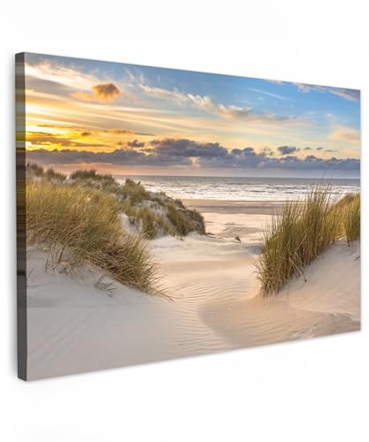 MuchoWow© Wandbilder 90x60 cm Schlafzimmer Home Deko Wohnung Bild Wohnzimmer Fotoleinwand Wand Bilder Leinwand Wall Decor Strand und Meer - Düne - Gras - Sonnenuntergang - Sonne von MuchoWow