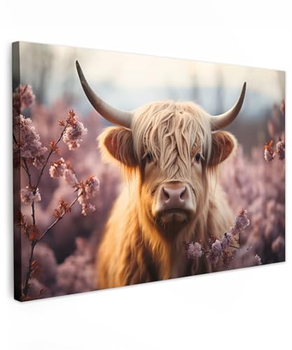 MuchoWow© Wandbilder 90x60 cm Wohnzimmer Wanddeko Schlafzimmer Zimmerdeko Fotowand Deko auf Wand Dekoration Wall Art Kuh Leinwand - Schottisches Hochlandrind - Highland Cow Bild - Hörner von MuchoWow