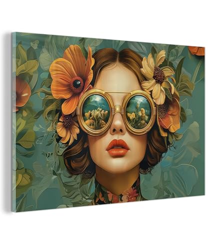 MuchoWow© Wandbilder Glas 120x80 cm Schlafzimmer Home Deko Wohnung Bild Wohnzimmer Wand Glasbilder Leinwand Wall Decor Frau - Blumen - Schmetterlinge - Natur - Vintage von MuchoWow
