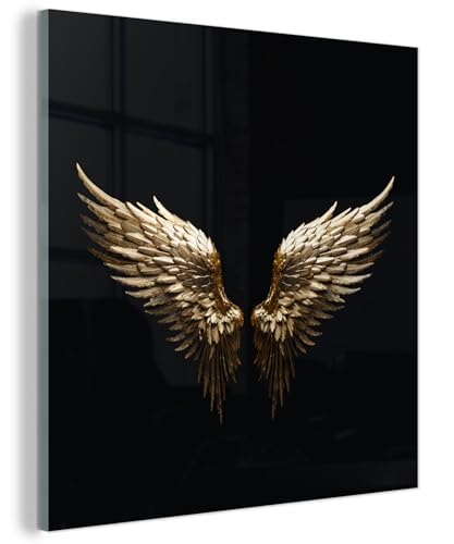 MuchoWow© Wandbilder Glas 50x50 cm Wohnzimmer Wanddeko Schlafzimmer Zimmerdeko Wandgemälde Zimmer Deko auf Wand Dekoration Wall Art Flügel - Engel - Gold - Schwarz - Abstrakt von MuchoWow