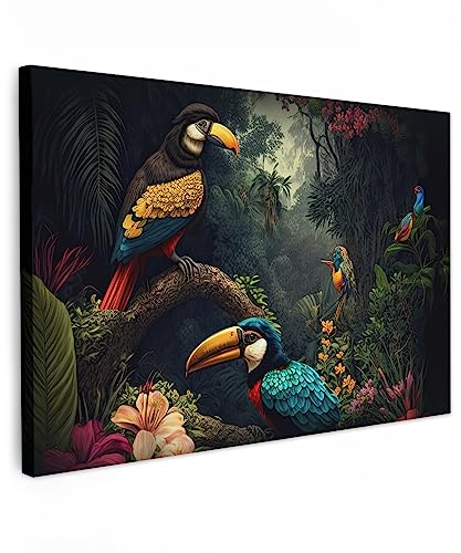 MuchoWow© Wandbilder Groß 120x80 cm XXL Schlafzimmer Home Deko Wohnung Bild Wohnzimmer Fotoleinwand Wand Bilder Leinwand Wall Decor Blumen - Vogel - Dschungel - Pflanzen - Tukan - Natur - Grün von MuchoWow