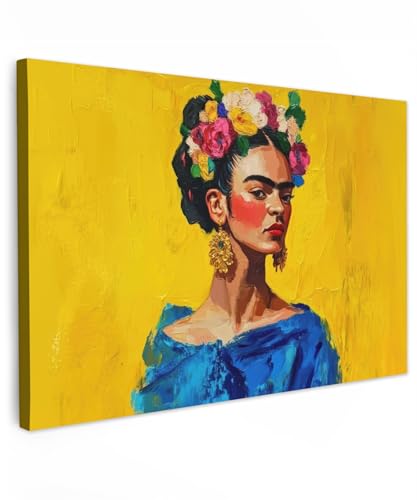 MuchoWow© Wandbilder Groß 120x80 cm XXL Schlafzimmer Home Deko Wohnung Bild Wohnzimmer Fotoleinwand Wand Bilder Leinwand Wall Decor Frida Kahlo - Frau - Gelb - Blau - Blumen von MuchoWow
