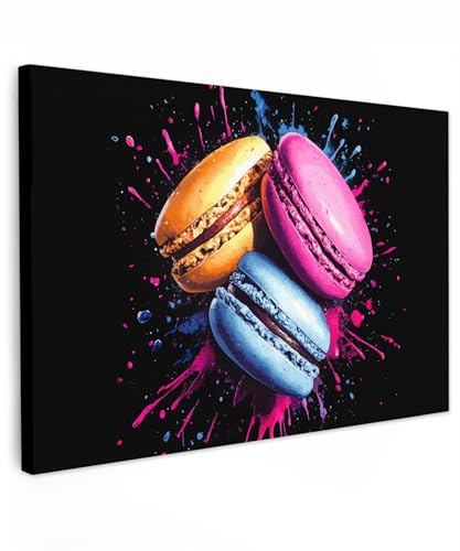 MuchoWow© Wandbilder Groß 120x80 cm XXL Schlafzimmer Home Deko Wohnung Bild Wohnzimmer Fotoleinwand Wand Bilder Leinwand Wall Decor Macarons - Dessert - Graffiti - Bunt - Rosa - Blau - Gelb von MuchoWow