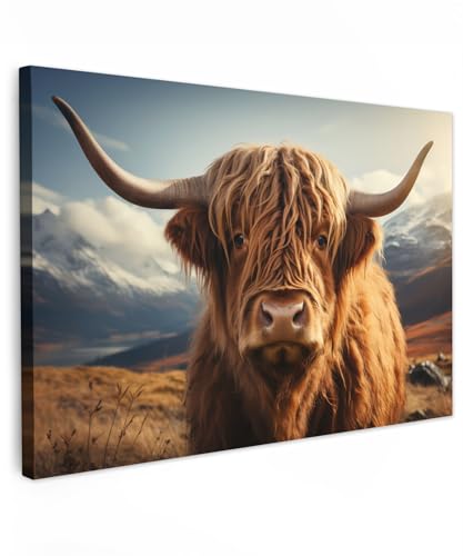 MuchoWow© Wandbilder Groß 120x80 cm XXL Schlafzimmer Home Deko Wohnung Bild Wohnzimmer Fotoleinwand Wand Bilder Leinwand Wall Decor Schottische Hochlandrind - Kuh - Hörner - Berge - Landschaft von MuchoWow