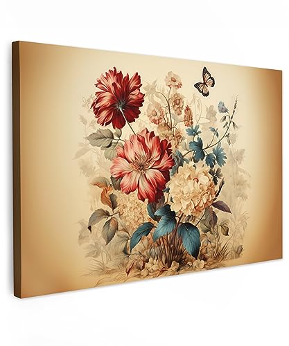 MuchoWow© Wandbilder Groß 120x80 cm XXL Schlafzimmer Home Deko Wohnung Bild Wohnzimmer Fotoleinwand Wand Bilder Leinwand Wall Decor Vintage - Blumen - Schmetterling - Natur - Beige - Farben von MuchoWow