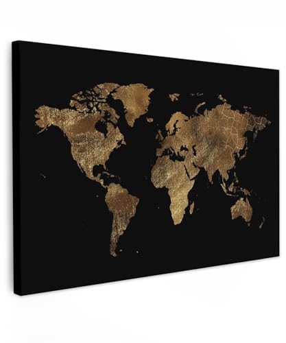 MuchoWow© Wandbilder Groß 120x80 cm XXL Schlafzimmer Home Goldene Deko Wohnung Bild Wohnzimmer Fotoleinwand Wand Bilder Leinwand Wall Decor Weltkarte - Landkarte Welt - Gold - Erde - Schwarz - Atlas von MuchoWow