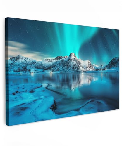 MuchoWow© Wandbilder Groß 120x80 cm XXL Wohnzimmer Wanddeko Schlafzimmer Zimmerdeko Fotowand Zimmer Deko Wand Dekoration Wall Art Bilder Natur - Nordlichter - Eis - Schnee - Norwegen - Blau - Berge von MuchoWow