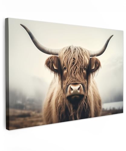 MuchoWow© Wandbilder Groß 120x80 cm XXL Wohnzimmer Wanddeko Schlafzimmer Zimmerdeko Fotowand Zimmer Deko Wand Dekoration Wall Art Schottische Hochlandrind - Kuh - Highland Cow - Hörner - Landschaft von MuchoWow