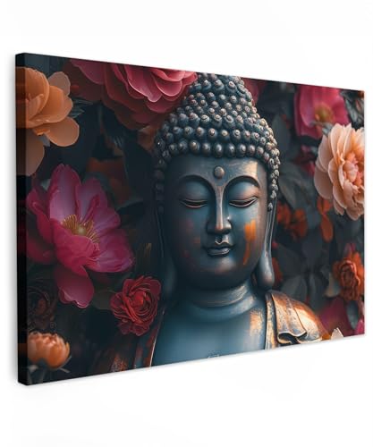 MuchoWow© Wandbilder Groß 120x80 cm XXL Wohnzimmer Wanddeko Schlafzimmer Zimmerdeko Fotowand Zimmer Deko auf Wand Dekoration Wall Art Buddha - Blumen - Statue - Kunst von MuchoWow