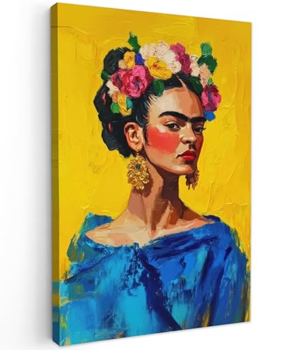 MuchoWow© Wandbilder Groß 80x120 cm XXL Schlafzimmer Home Deko Wohnung Bild Wohnzimmer Fotoleinwand Wand Bilder Leinwand Wall Decor Frida Kahlo - Frau - Gelb - Blau - Blumen von MuchoWow
