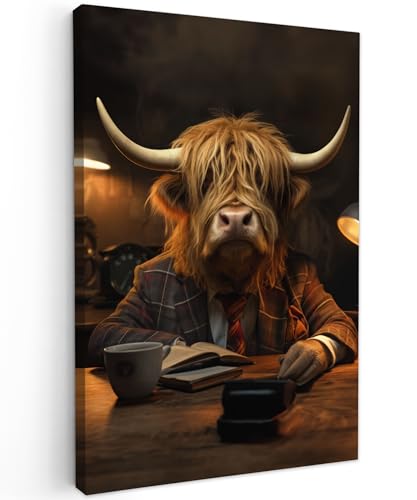 MuchoWow© Wandbilder Klein 20x30 cm Mini Schlafzimmer Home Deko Wohnung Bild Wohnzimmer Fotoleinwand Wand Bilder Leinwand Wall Decor Schottische Hochlandrind - Kuh - Highland Cow - Tier - Anzug - Büro von MuchoWow