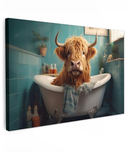 MuchoWow© Wandbilder Klein 30x20 cm Mini Schlafzimmer Home Deko Wohnung Bild Wohnzimmer Fotoleinwand Wand Bilder Leinwand Wall Decor Schottische Hochlandrind - Kuh - Highland Cow - Badezimmer - Bad von MuchoWow