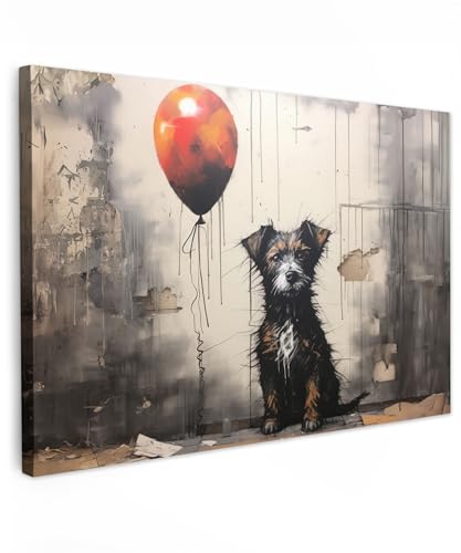 MuchoWow© Wandbilder Klein 30x20 cm Mini Schlafzimmer Home Deko Wohnung Bild Wohnzimmer Fotoleinwand Wand Bilder auf Leinwand Wall Decor Graffiti - Hund - Luftballon - Kunst - Straße - Rot von MuchoWow