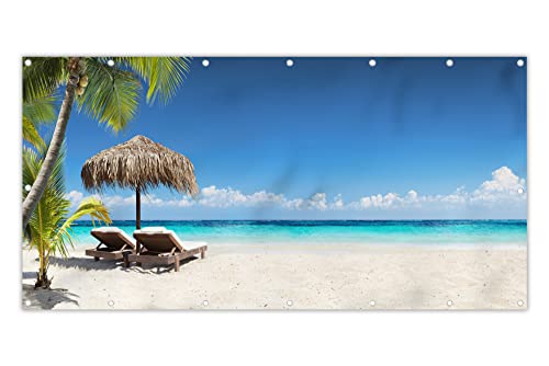 MuchoWow® Balkon Sichtschutz Sichtschutzmatte Balkonbanner Abdeckung für Terrasse Balkon Windschutz Blickdicht Wetterfest 200x90 cm Strand - Sonnenschirm - Meer von MuchoWow