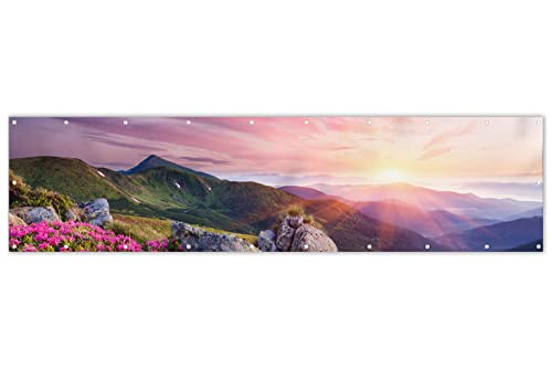 MuchoWow® Balkon Sichtschutz Sichtschutzmatte Balkonbanner Abdeckung für Terrasse Balkon Windschutz Blickdicht Wetterfest 300x75 cm Sonnenuntergang - Berge - Blumen - Landschaft von MuchoWow