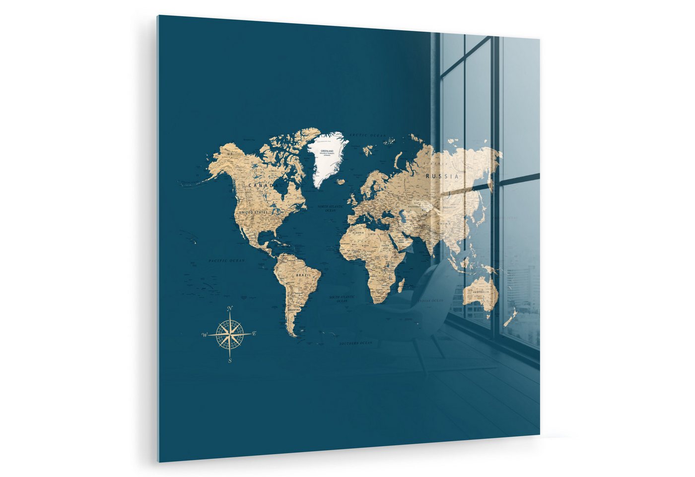 MuchoWow Acrylglasbild Weltkarte - Dunkelblau - Beige, Inkl. Aufhängung, Bilder auf Glas Wandbild, Wanddeko Wohnzimmer Badezimmer, 20x20 cm MuchoWow Acrylglasbild Weltkarte - Dunkelblau - Beige, Inkl. Aufhängung, Bilder auf Glas Wandbild, Wanddeko Wohnzimmer Badezimmer, 20x20 cm von MuchoWow