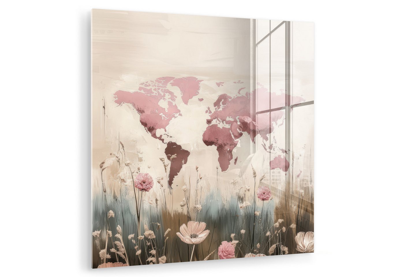 MuchoWow Acrylglasbild Weltkarte - Rosa - Blumen, Inkl. Aufhängung, Bilder auf Glas Wandbild, Wanddeko Wohnzimmer Badezimmer, 20x20 cm MuchoWow Acrylglasbild Weltkarte - Rosa - Blumen, Inkl. Aufhängung, Bilder auf Glas Wandbild, Wanddeko Wohnzimmer Badezimmer, 20x20 cm von MuchoWow