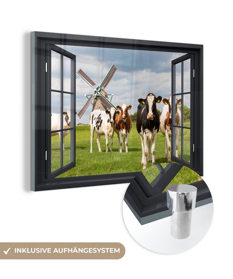 MuchoWow Acrylglasbild Aussicht - Kuh - Mühle - Kühe - Wiese - Gras - Grün, (1 St), Glasbilder - Bilder auf Glas Wandbild - Foto auf Glas - Wanddekoration von MuchoWow