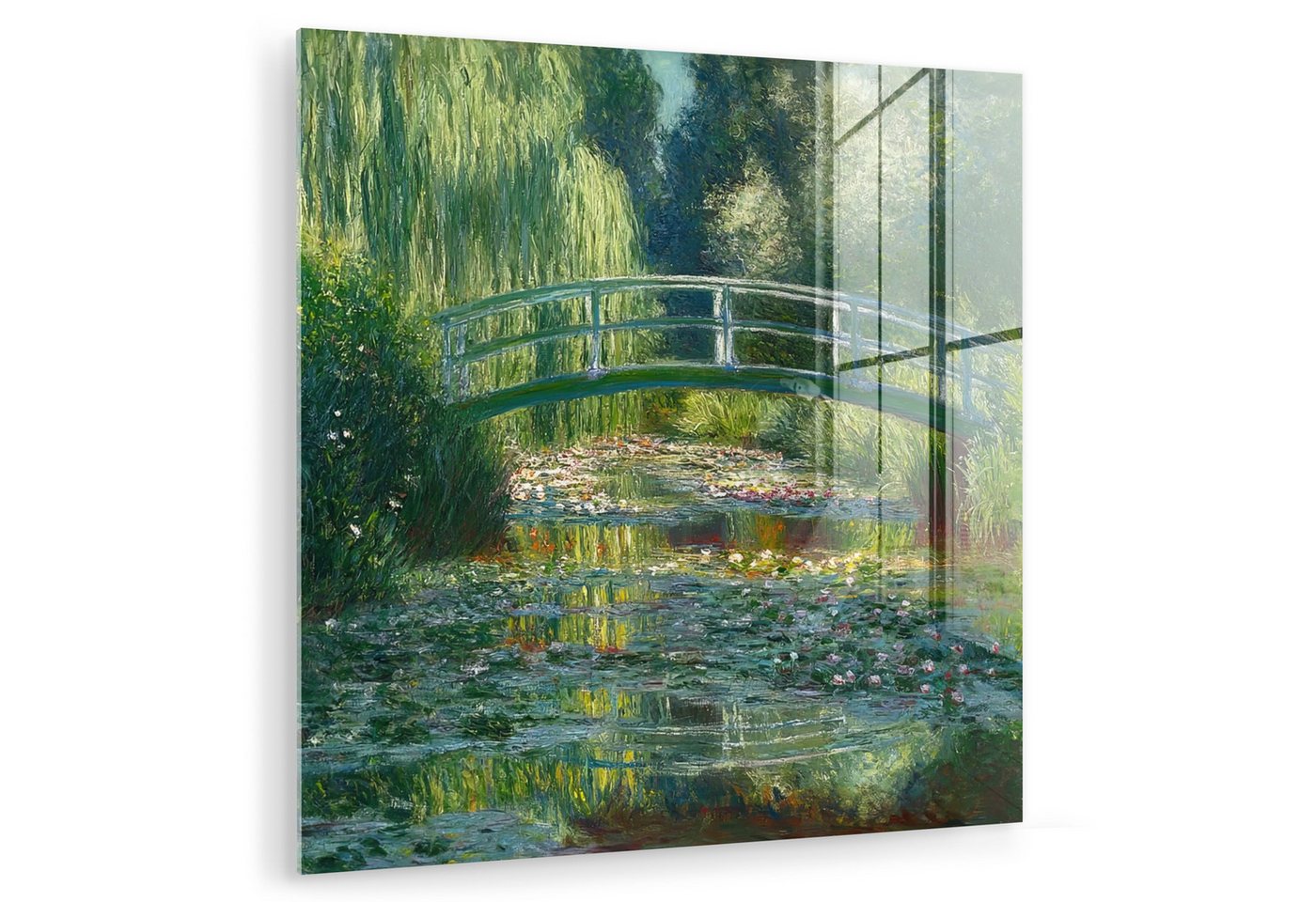 MuchoWow Acrylglasbild Brücke - Holz - Teich - Seerosen, Inkl. Aufhängung, Bilder auf Glas Wandbild, Wanddeko Wohnzimmer Badezimmer, 20x20 cm von MuchoWow