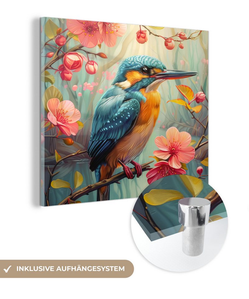 MuchoWow Acrylglasbild Eisvogel - Blüte - Natur - Vögel - Blumen, (1 St), Bilder auf Glas Wandbild, Wanddeko Wohnzimmer, 20x20 cm von MuchoWow