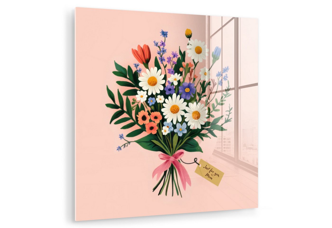 MuchoWow Acrylglasbild Gänseblümchen - Blumenstrauß - Schleife - Rosa, Inkl. Aufhängung, Bilder auf Glas Wandbild, Wanddeko Wohnzimmer Badezimmer, 20x20 cm MuchoWow Acrylglasbild Gänseblümchen - Blumenstrauß - Schleife - Rosa, Inkl. Aufhängung, Bilder auf Glas Wandbild, Wanddeko Wohnzimmer Badezimmer, 20x20 cm von MuchoWow