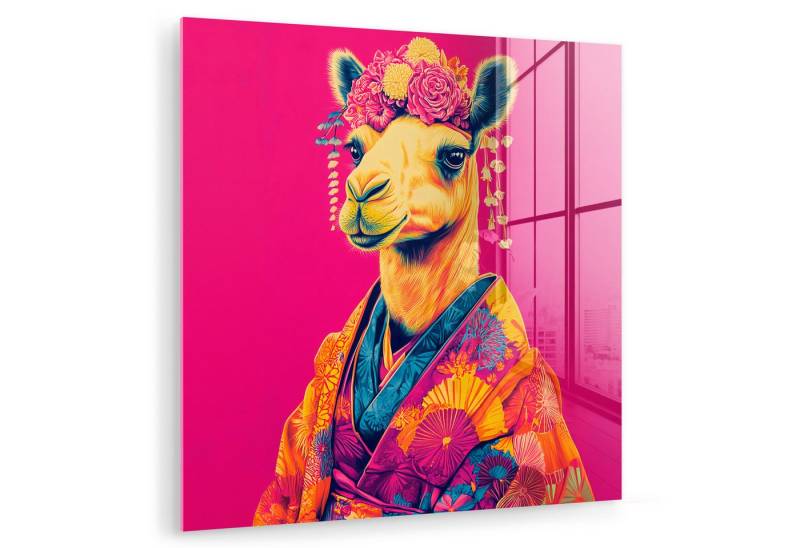 MuchoWow Acrylglasbild Kamel - Blumen - Kimono - Fächer, Inkl. Aufhängung, Bilder auf Glas Wandbild, Wanddeko Wohnzimmer Badezimmer, 20x20 cm von MuchoWow